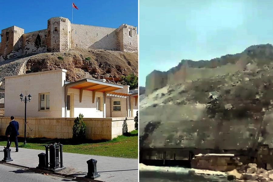 Il castello di Gaziantep prima e dopo il terremoto (Wikipedia/frame video)