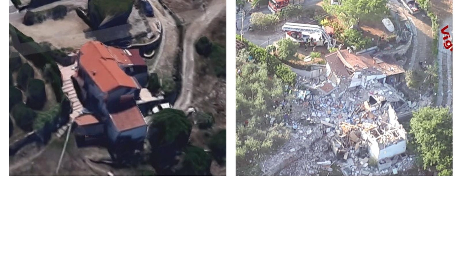La casa a sinistra com'era, a destra dopo l'esplosione