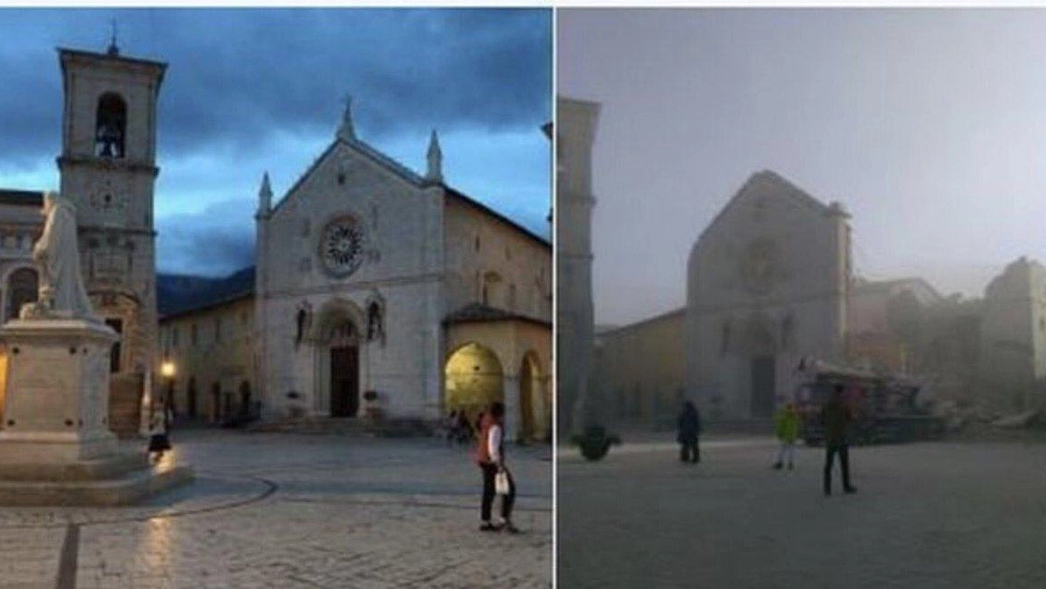 La combo mostra la basilica di San Benedetto a Norcia: come era prima e dopo il sisma