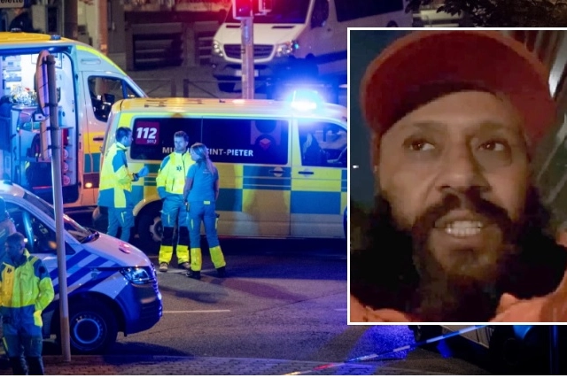 Ambulanze a Bruxelles dopo l'attentato e nel riquadro la persona responsabile dell'attacco, poi uccisa dalla polizia