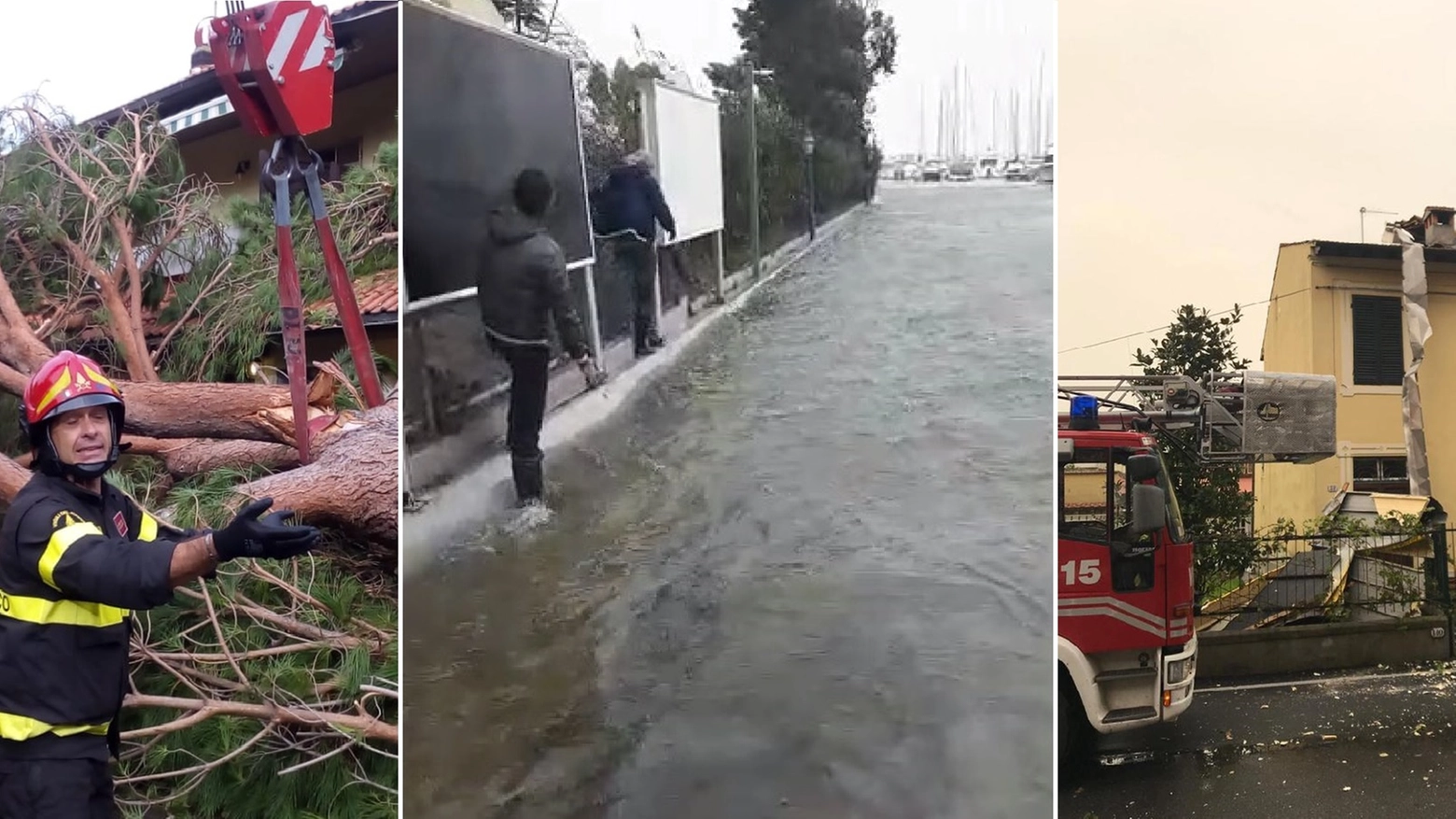 Da sin. un albero caduto, il mare a Cala Galera e danni a Lucca per tromba d'aria