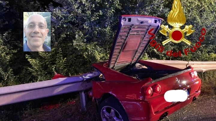 La Ferrari distrutta e, nel riquadro, la vittima