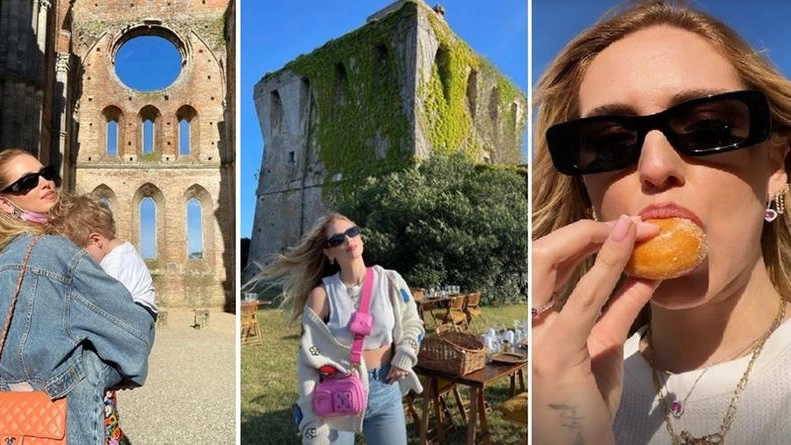 Tre momenti delle vacanze in Toscana di Chiara Ferragni. A sinistra la foto a S. Galgano