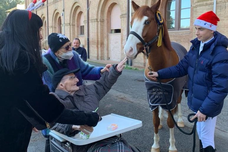 Nonno Fabio mentre accarezza il muso di Mithril, il cavallo del nipote Jacopo