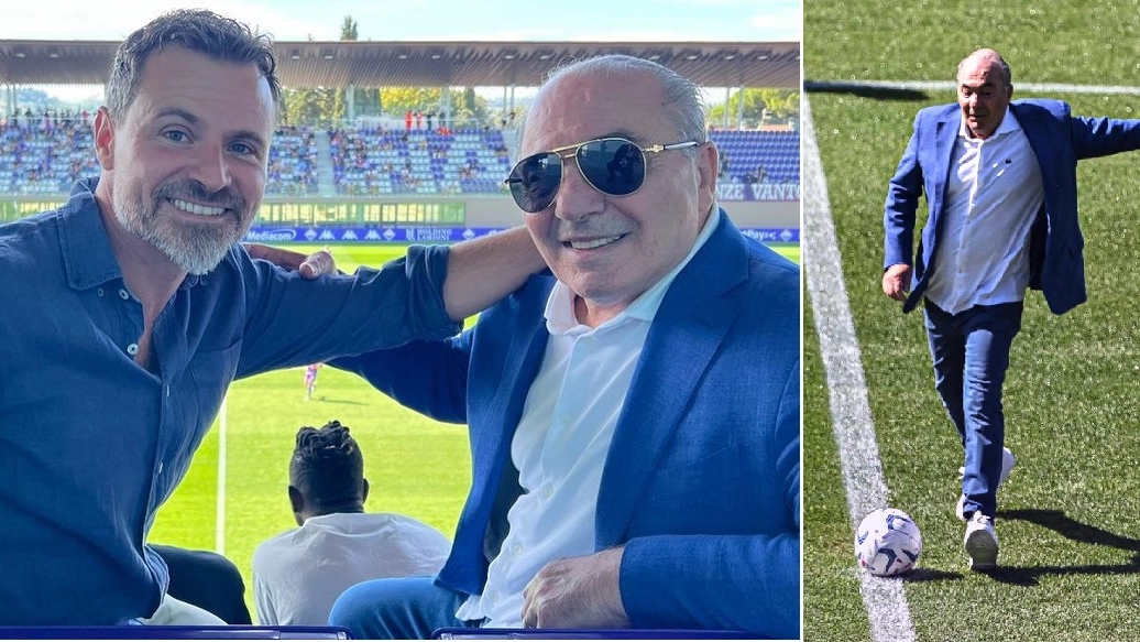 A sinistra, Commisso con il sindaco di Bagno a Ripoli Casini. A destra il calcio d'inizio