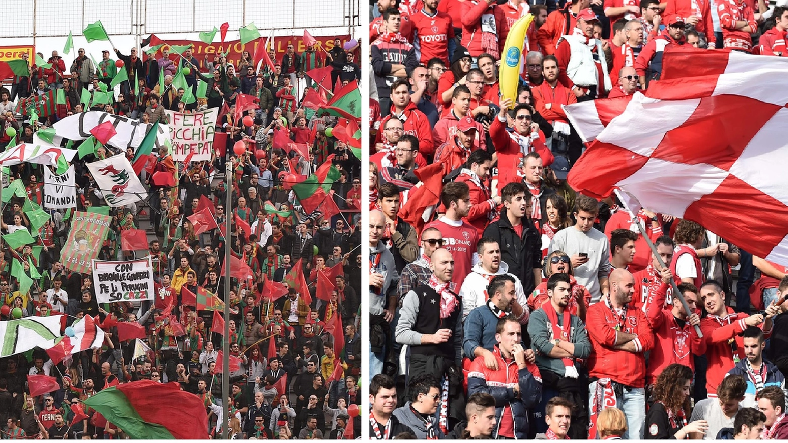 Ternana e Perugia sono pronte al derby. In foto le due tifoserie