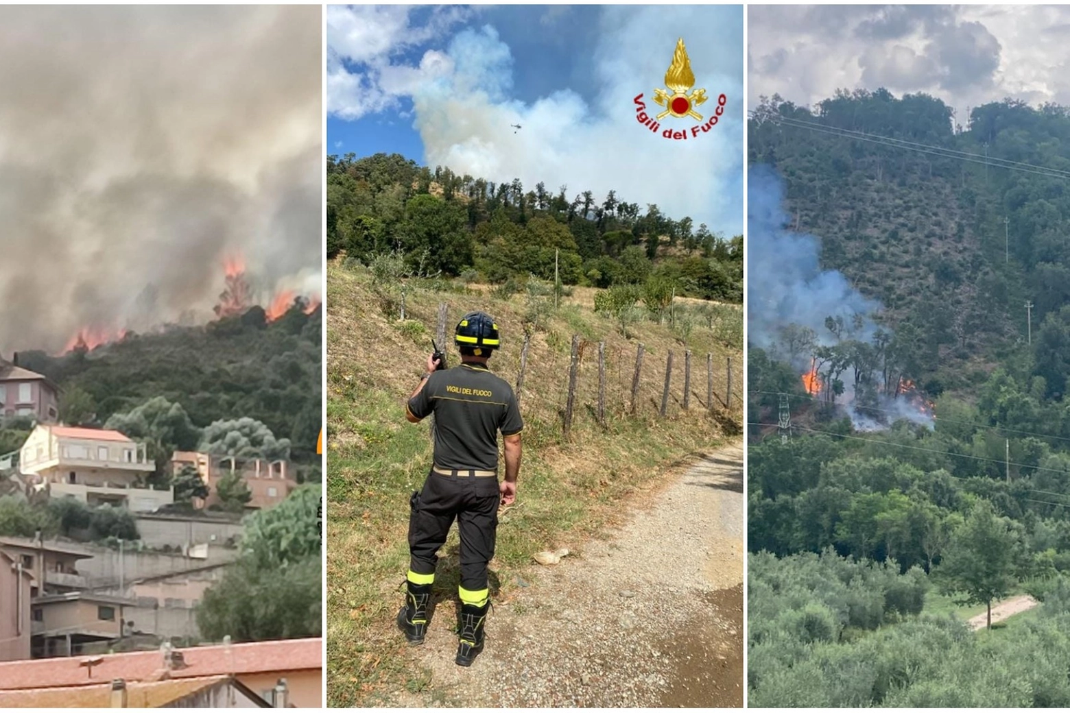 Da sinistra gli incendi all'Argentario, Schignano e Sassetta
