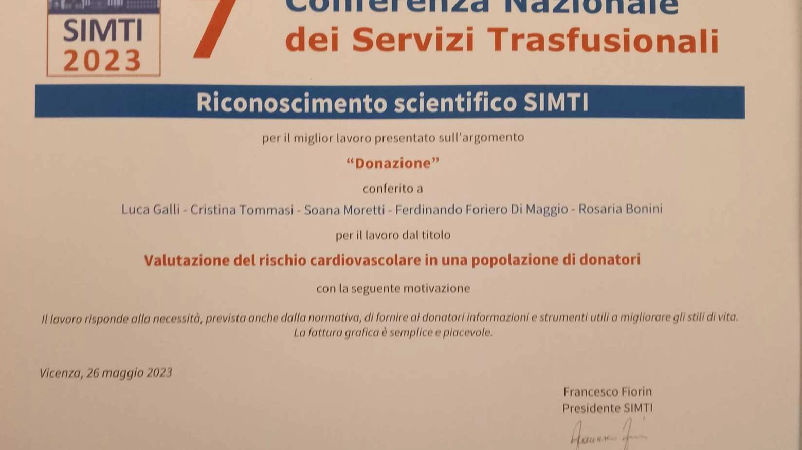 Al centro trasfusionale  arriva il riconoscimento  a carattere nazionale