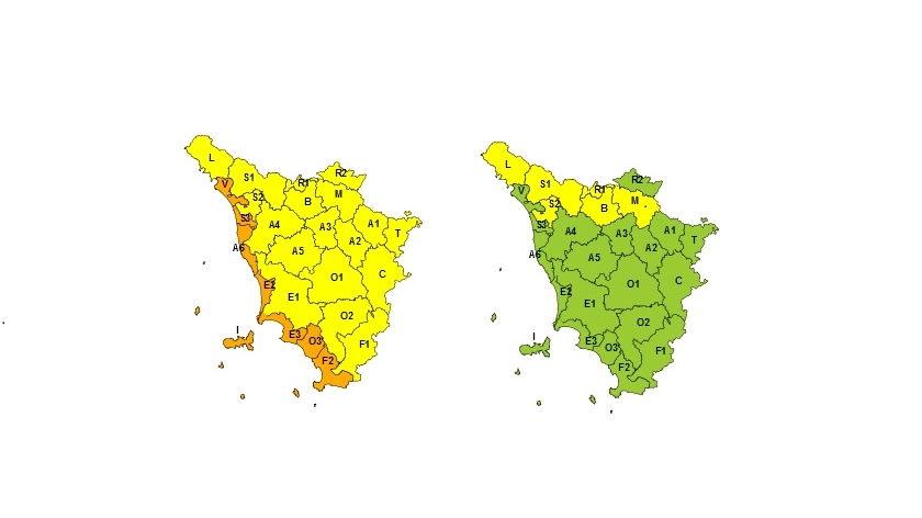 A sinistra le zone interessate dal vento, a destra (in giallo) dalla neve