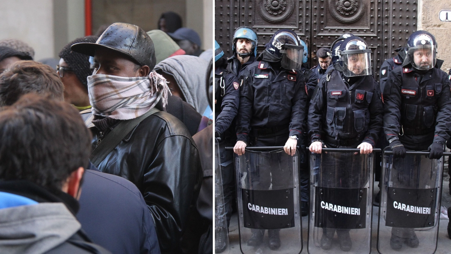 Un migrante col volto coperto e le forze dell'ordine (New Press Photo)