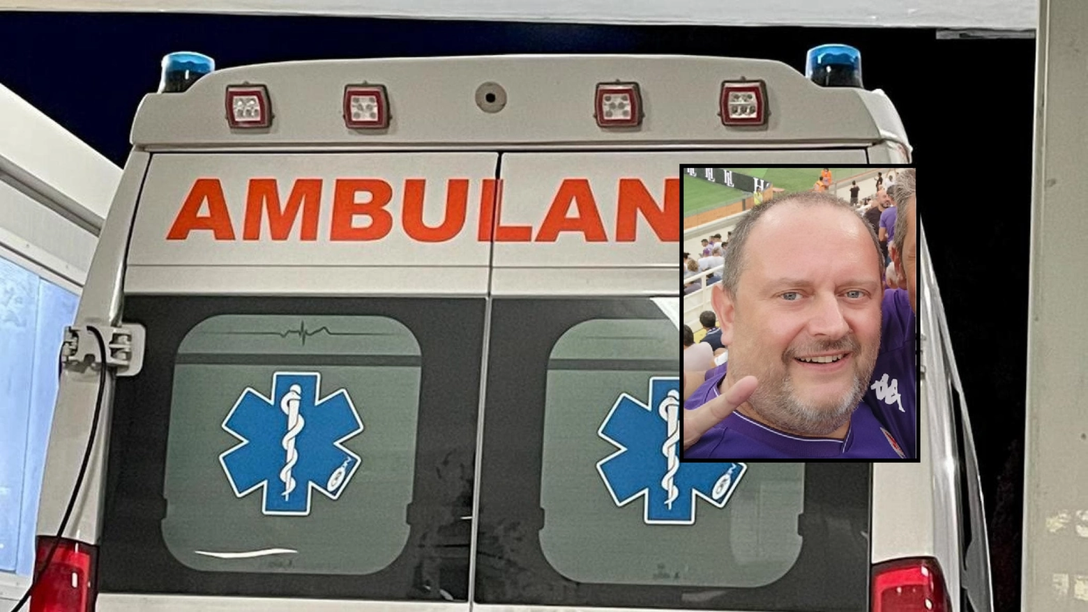 Un'ambulanza e nel riquadro Giacomo Passigli, 53 anni