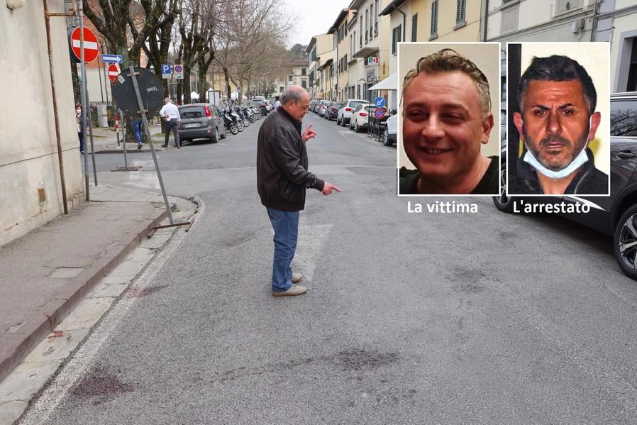 Nei riquadri, Tommaso Dini e Ilir Leba. Nella foto grande, la strada dell'aggressione