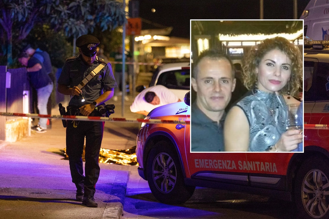 Il luogo dell'omicidio e, nel riquadro, Klodiana Vefa con l'ex marito Alfred