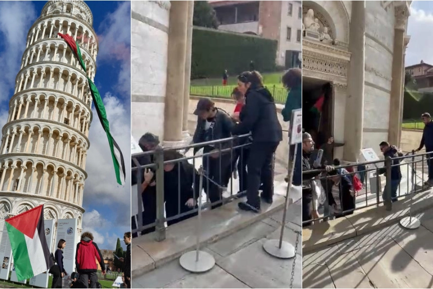 La bandiera srotolata e due momenti dell'ingresso a forza degli attivisti nella Torre di Pisa