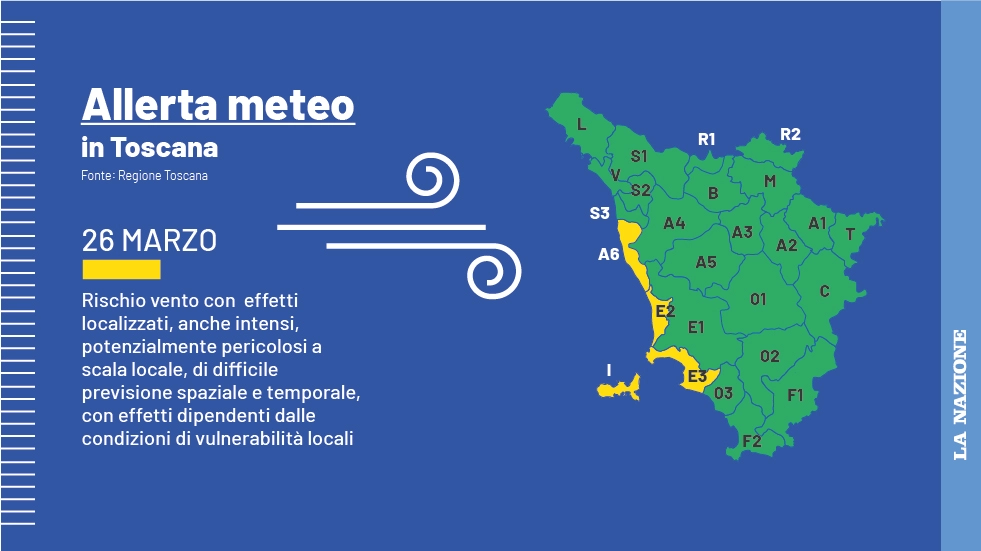 Allerta meteo per vento in Toscana tra domenica 26 marzo e lunedì 27