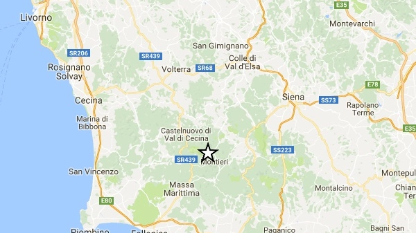 La stella indica l'epicentro del terremoto,a  Montieri
