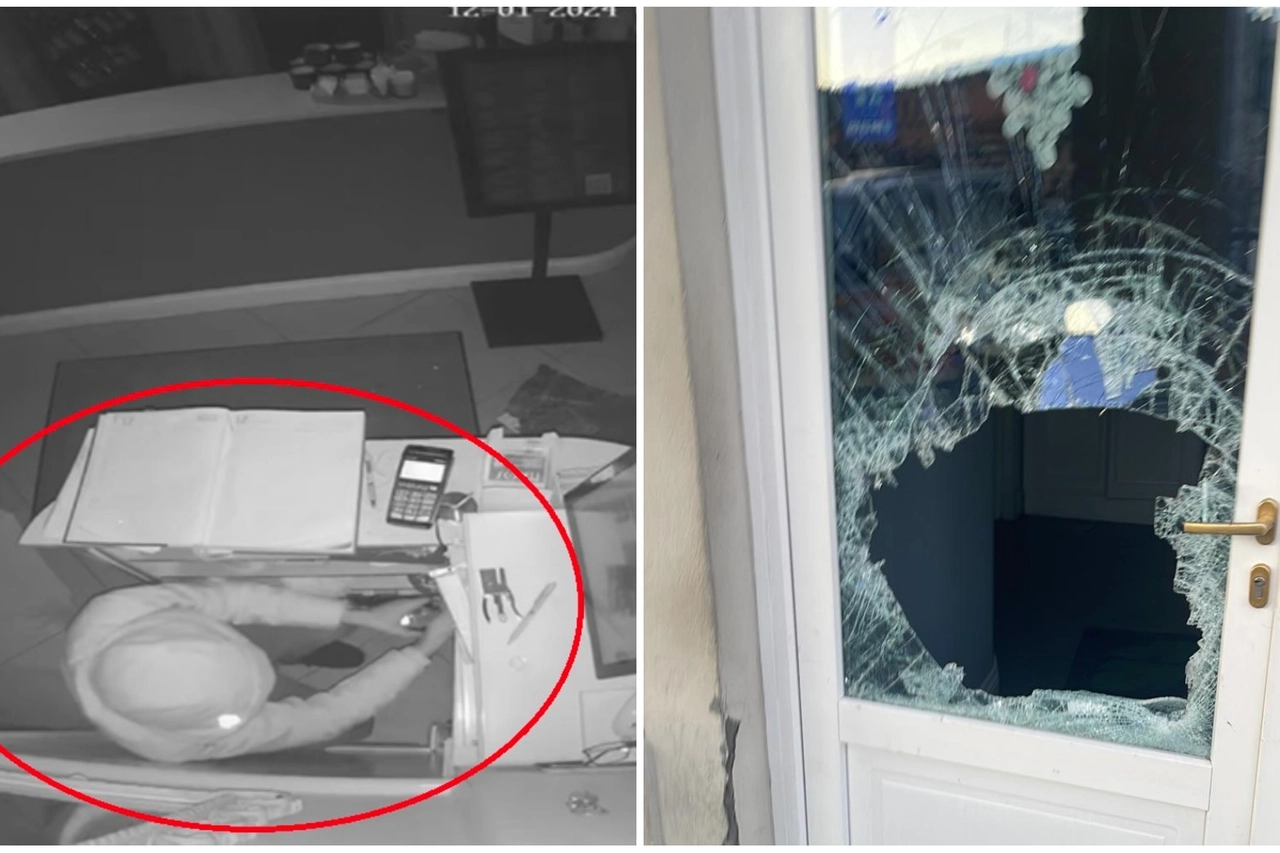 A sinistra il ladro in azione; a destra la porta danneggiata