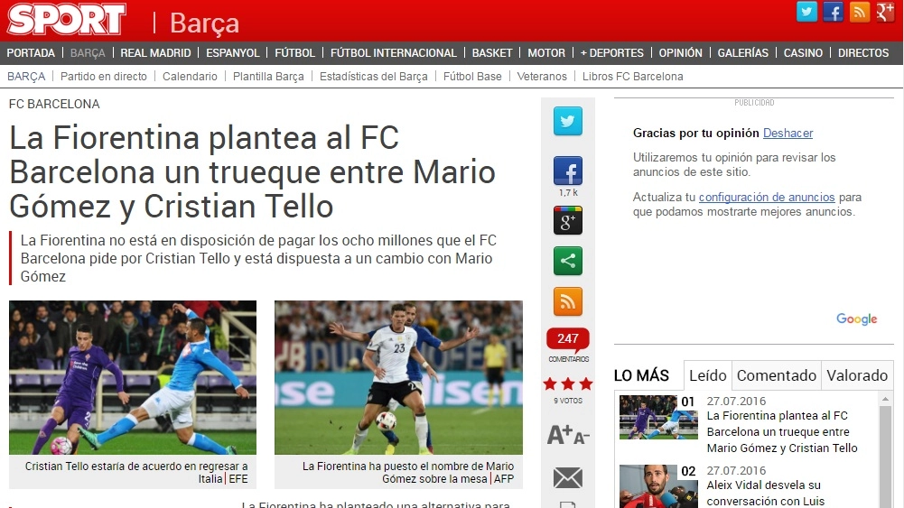 Il sito spagnolo "Sport" con la notizia del possibile scambio Gomez-Tello