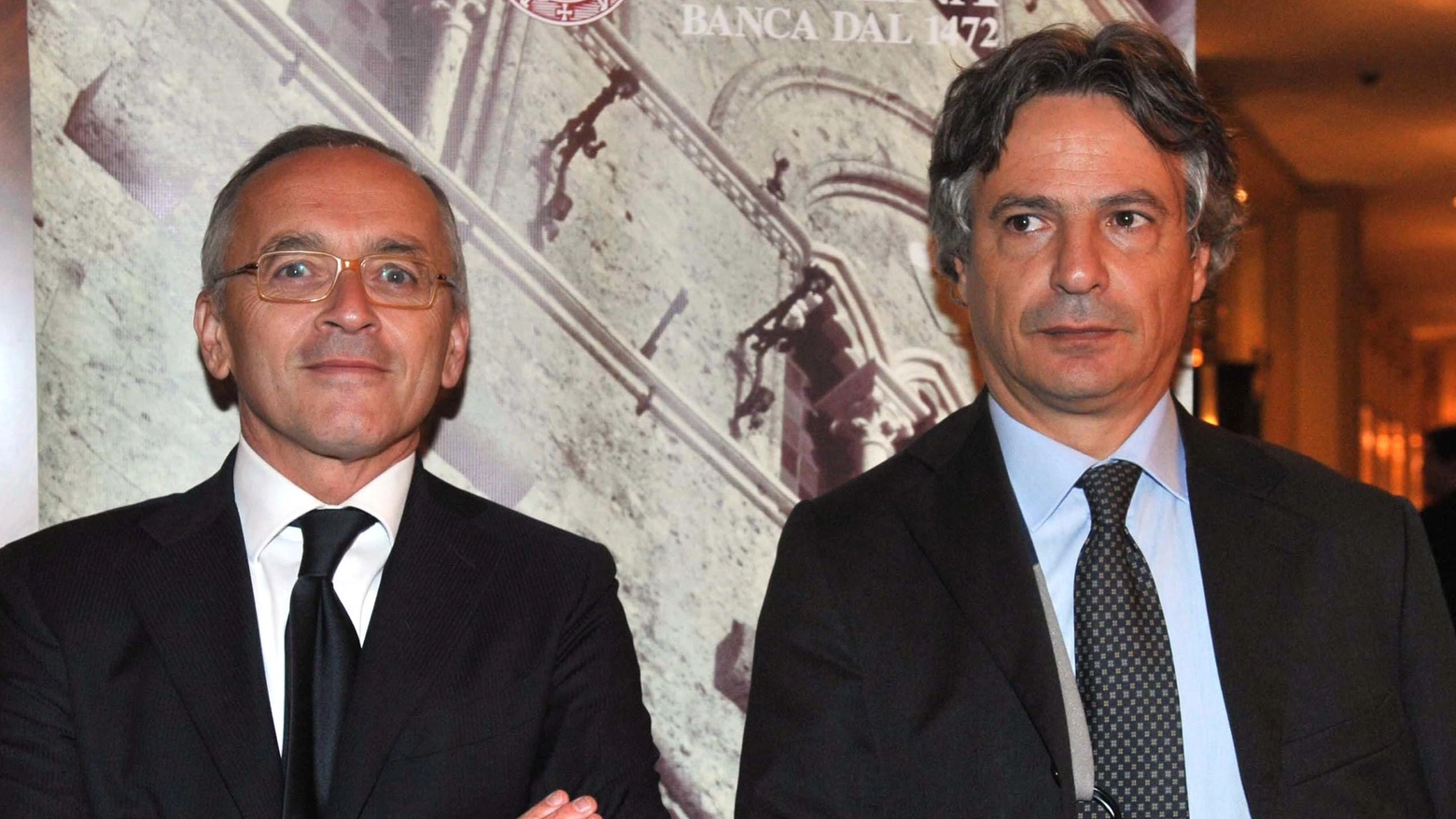 Antonio Vigni e Giuseppe Mussari, ex vertici di banca Mps, in una foto d'archivio Antonio Vigni e Giuseppe Mussari, ex vertici di banca Mps, in una foto d'archivio