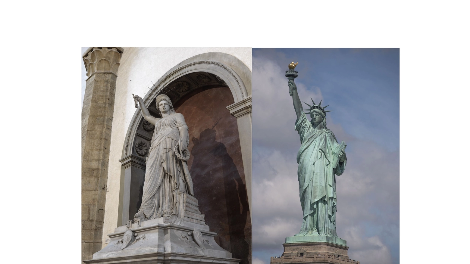 La statua di Pio Fedi a sinistra e la Statua della Libertà a destra