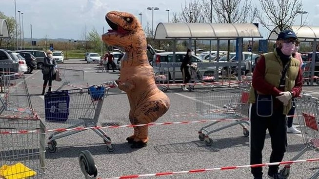 Il dinosauro in fila con il carrello (Foto da Facebook)