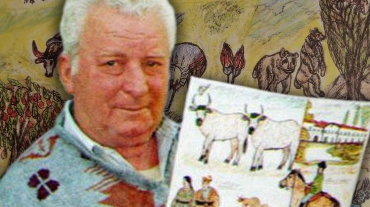 Pietro Pacciani con alcuni suoi disegni
