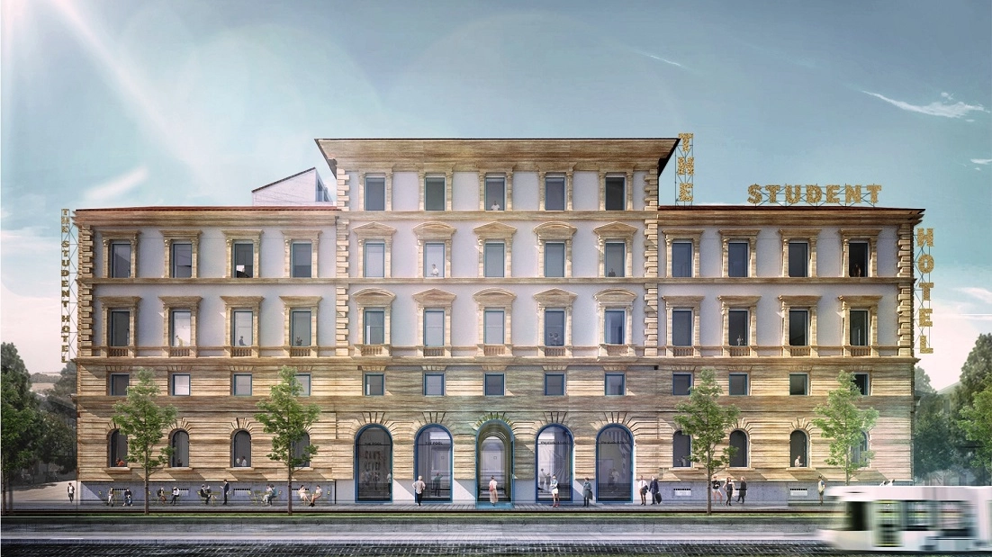 Ecco come sarà il Palazzo del Sonno: si nota l'insegna "The Student Hotel"