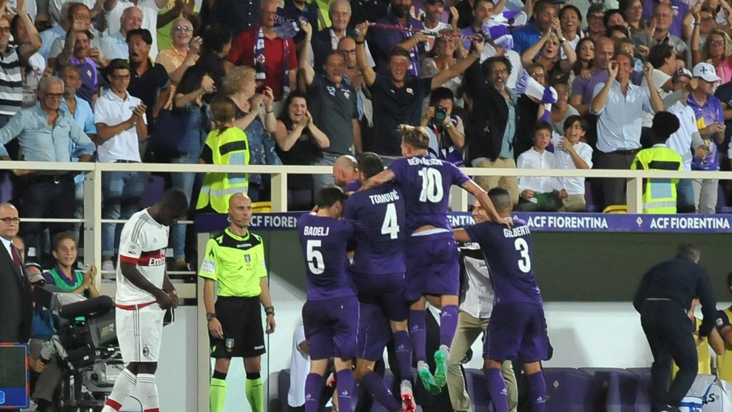 Fiorentina-Milan: esultanza viola dopo il gol di Alonso (Germogli)