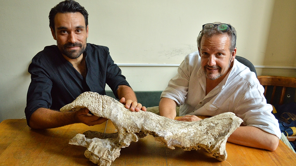 Luca Pandolfi e Lorenzo Rook con il cranio di rinoceronte