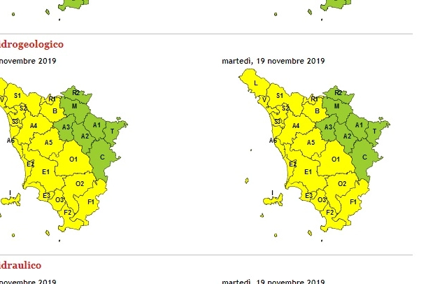 La mappa dell'allerta gialla valida per tutta la giornata di martedì 19 novembre