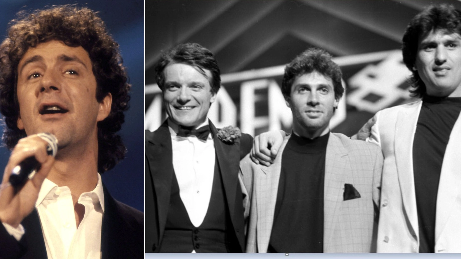 A sinistra Francesco Nuti; a destra il podio di Sanremo 1988 con Massimo Ranieri (primo), Luca Barbarossa (terzo) e Toto Cutugno (secondo)