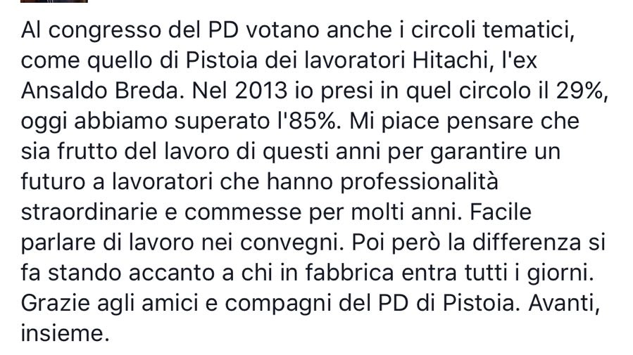 L'ex segretario ottiene 70 preferenze (10 vanno al ministro Orlando e 1 a Emiliano) poi celebra il successo sui social: "Qui nel 2013 prendemmo il 29%"