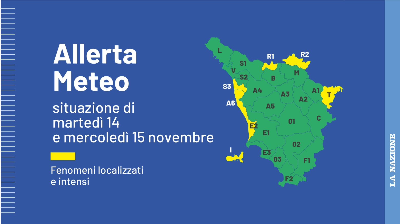 Nuova allera gialla in alcune zone della Toscana per martedì 14 e mercoledì 15 novembre Nuova allera gialla in alcune zone della Toscana per martedì 14 e mercoledì 15 novembre