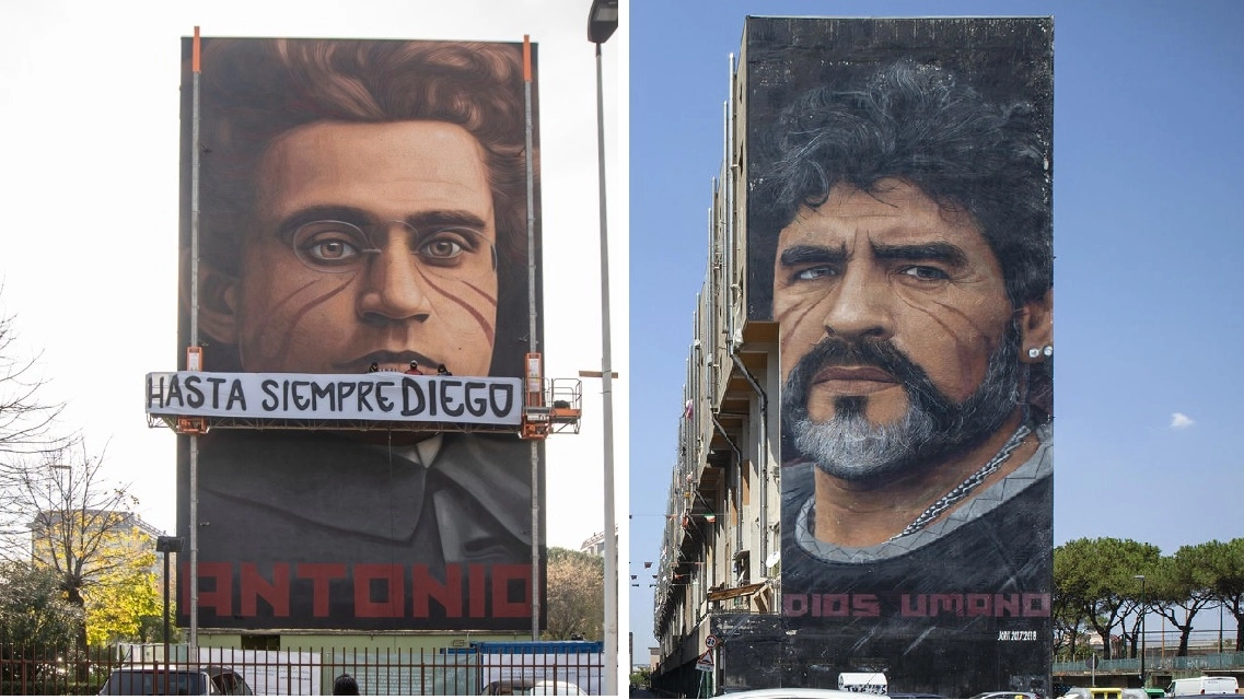 I murales di Gramsci e Maradona: autori di entrambi, Jorit