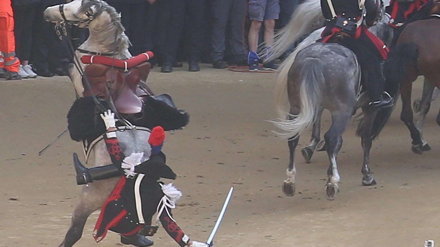 La caduta del carabiniere dal cavallo (foto Lazzeroni)