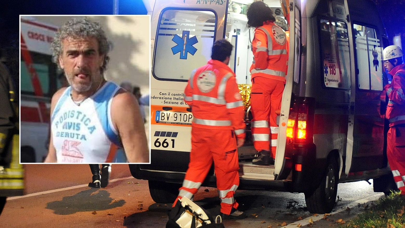 Un'ambulanza e, nel riquadro, la vittima Un'ambulanza e, nel riquadro, la vittima