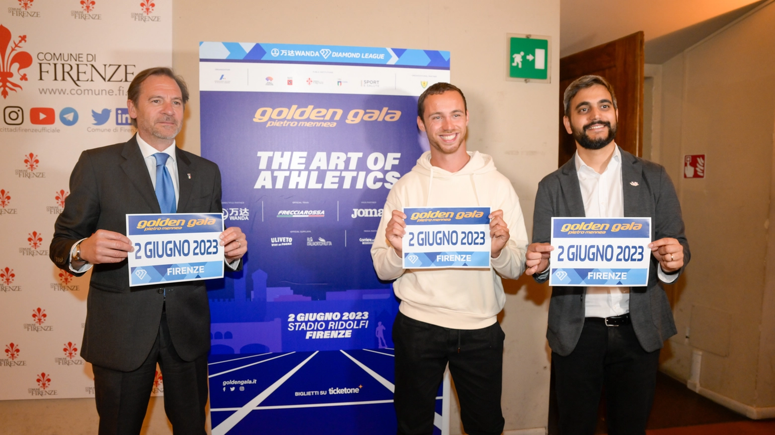 Presentazione del "Golden Gala": da sinistra Stefano Mei, Samuele Ceccarelli e Cosimo Guccione (Jacopo Canè/Fotocronache Germogli)