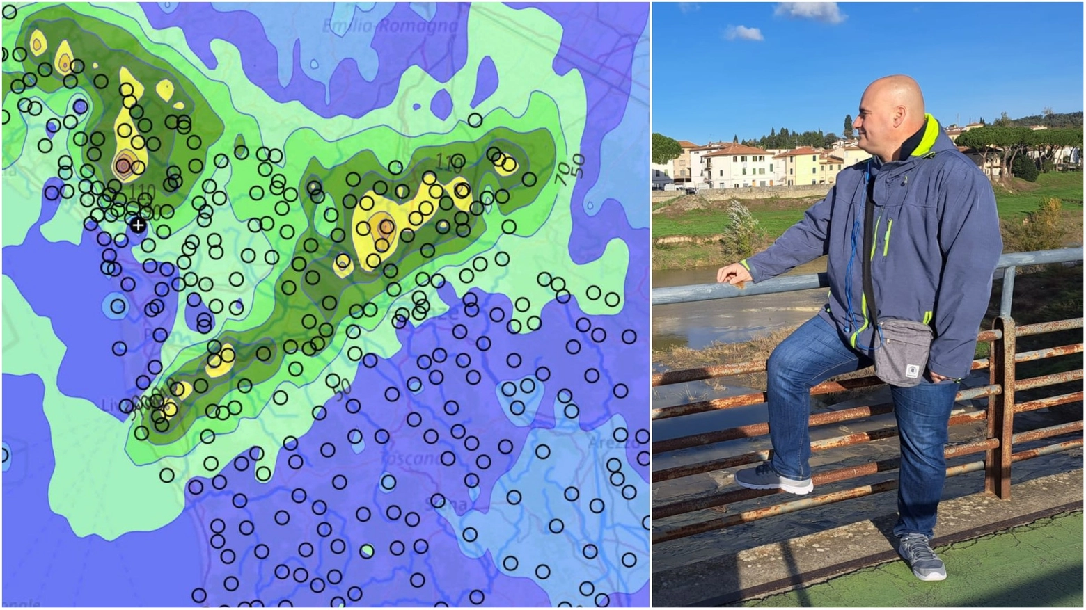 La mappa delle precipitazioni (dalla pagina Facebook di Eugenio Giani) e il metereologo Gordon Baldacci