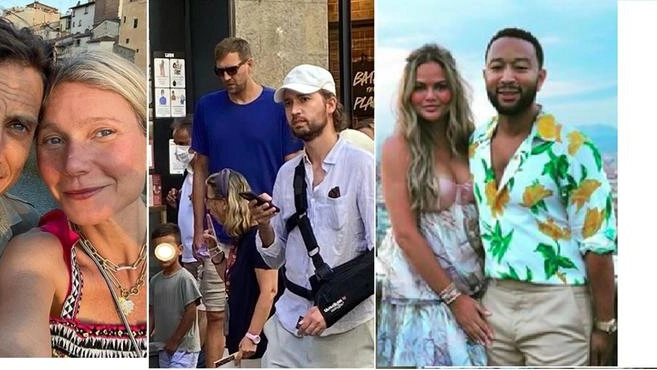 Da sin. la Paltrow con il marito, Nowitzki in t-shirt azzurra e John Legend e signora