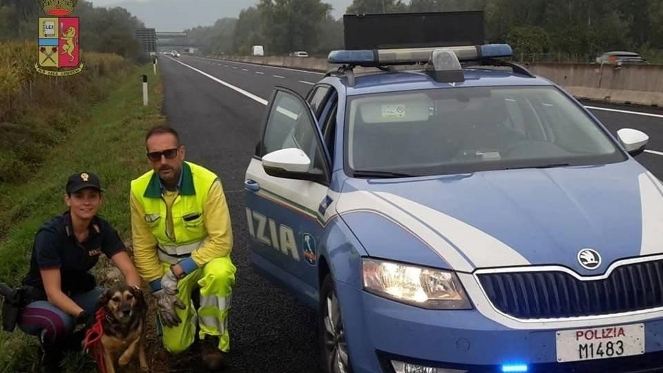 La polizia stradale con il cane salvato
