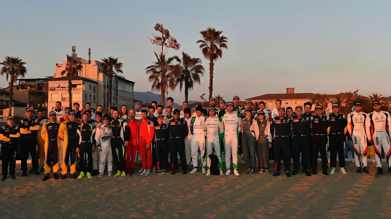 Foto di gruppo, scattata a Viareggio, dei piloti che parteciperanno al rally Foto di gruppo, scattata a Viareggio, dei piloti che parteciperanno al rally
