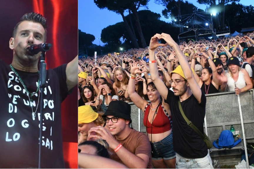 Francesco Gabbani e un momento del Summer 105, il concerto di Radio 105 che si è tenuto all'aeroporto del Cinquale a Massa
