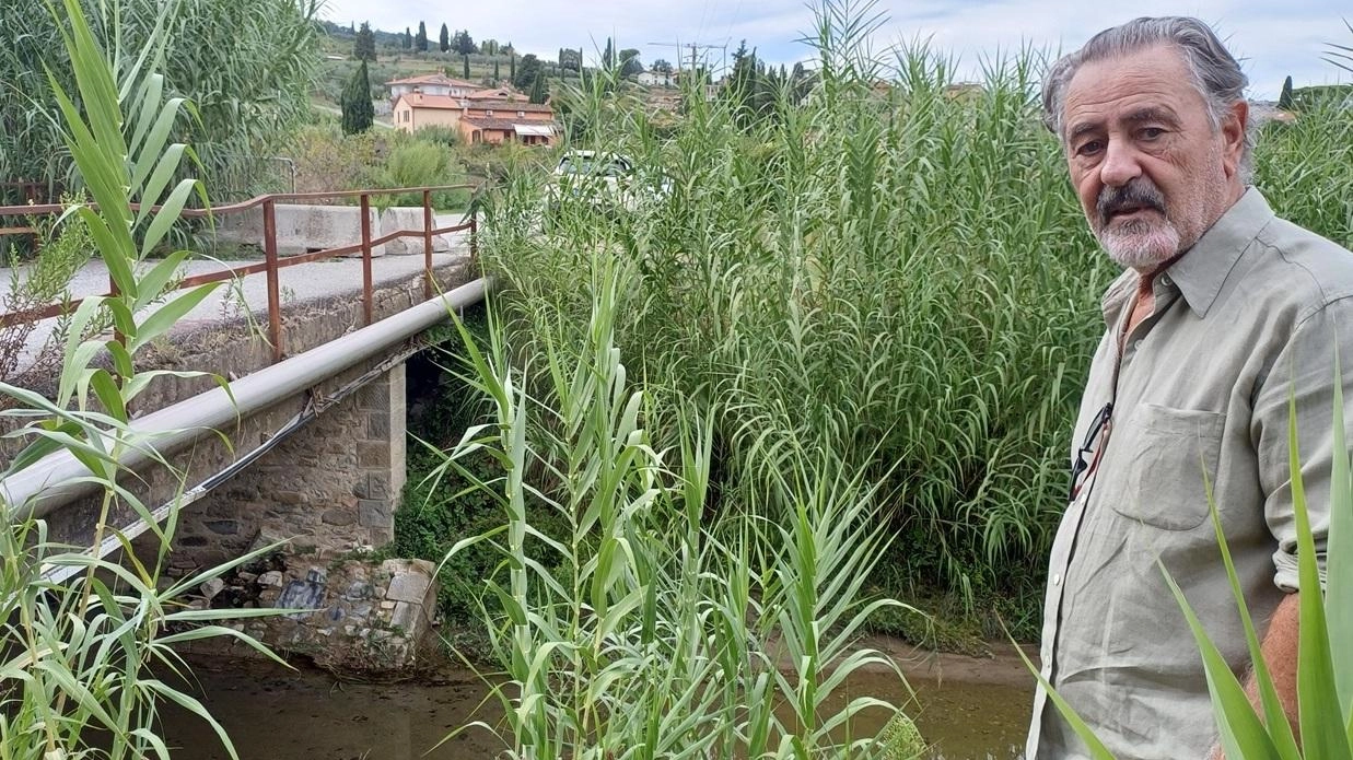 Gabriele Giovannini davanti al ponticino chiuso a Seano per il pilone crollato dal novembre 2023 In alto, lo stato del torrente Furba Gabriele Giovannini davanti al ponticino chiuso a Seano per il pilone crollato dal novembre 2023 In alto, lo stato del torrente Furba
