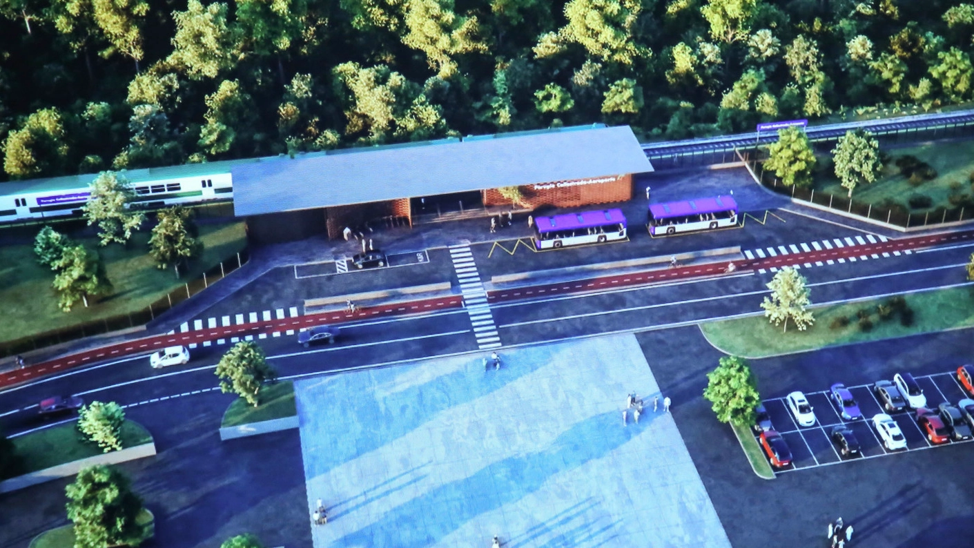 Il rendering della nuova stazione che sarà realizzata alle spalle del centro commerciale di Collestrada