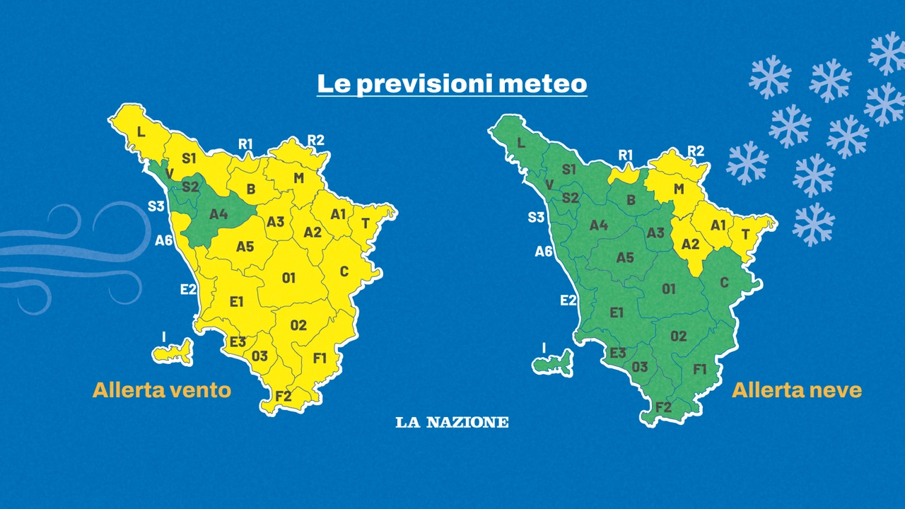 Doppia allerta gialla sulla Toscana per la giornata di venerdì 20 dicembre. Previsti vento forte e neve a partire dai seicento metri di quota Doppia allerta gialla sulla Toscana per la giornata di venerdì 20 dicembre. Previsti vento forte e neve a partire dai seicento metri di quota