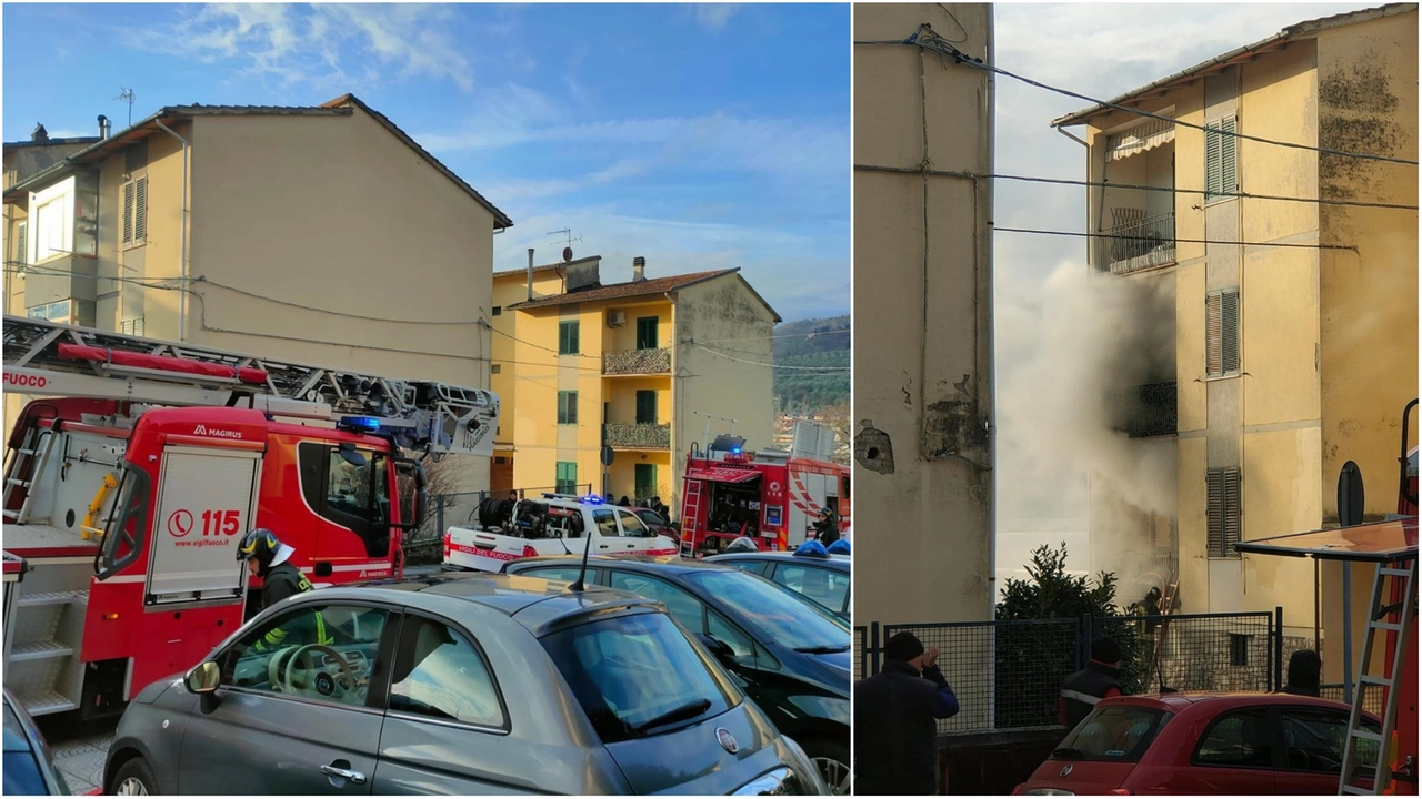 Da sinistra, i vigili del fuoco sul luogo dell'incendio e l'appartamento interessato dal rogo Da sinistra, i vigili del fuoco sul luogo dell'incendio e l'appartamento interessato dal rogo