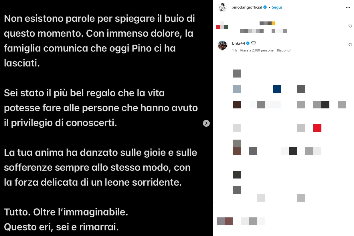 Il post su Instagram della morte di Pino D'Angiò e il cuore bianco dei Bnkr44 tra i commenti
