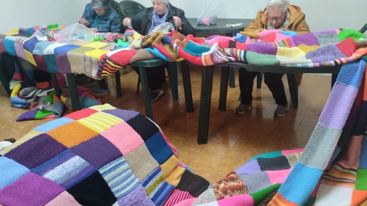 Le nonne al lavoro per cucire la mega calza Le nonne al lavoro per cucire la mega calza