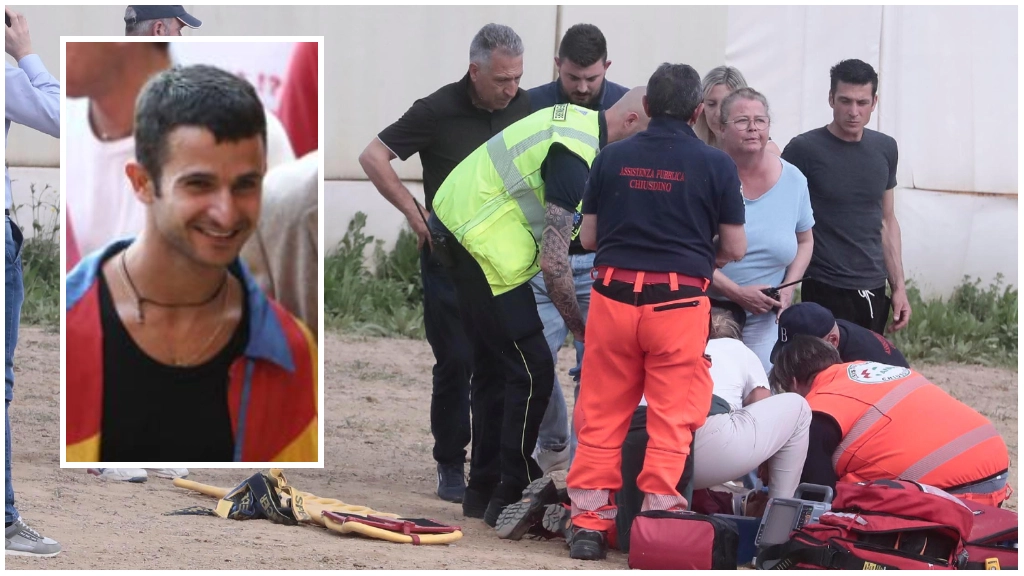 Andrea Chessa (nel riquadro) e i soccorsi (Foto Lazzeroni)