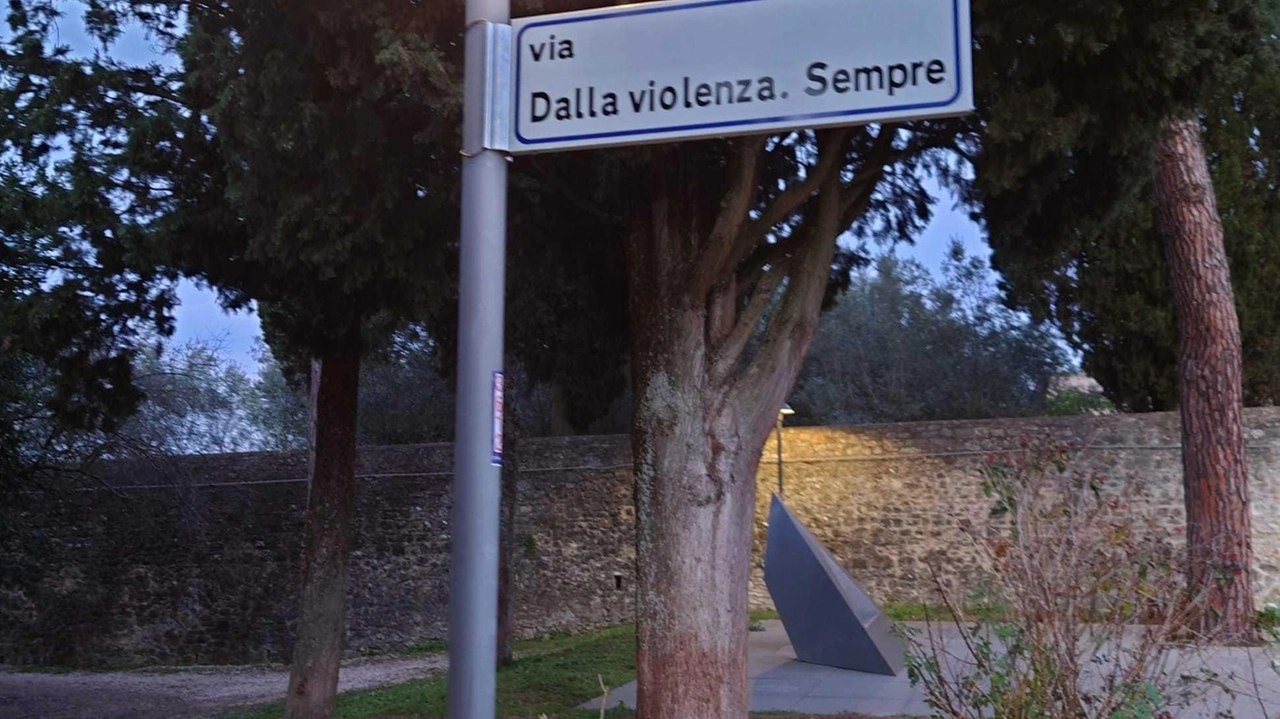 Il cartello per la Giornata contro la violenza sulle donne che era stato allestito all’ingresso del parco della Rocca e che è stato divelto e rubato Il cartello per la Giornata contro la violenza sulle donne che era stato allestito all’ingresso del parco della Rocca e che è stato divelto e rubato